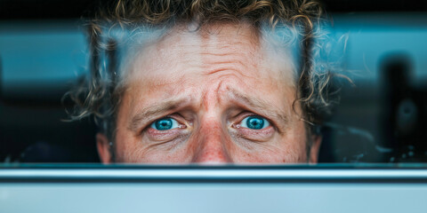 A close-up of a man with curly hair peering anxiously through a glass window. His striking blue eyes are wide, reflecting concern, while his brow is furrowed.