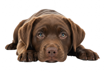 A cute chocolate labrador puppy lying down with sad eyes, isolated on a transparent background