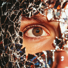 A close-up of an eye peering through fragmented glass shards, showcasing intricate reflections and textures. The eye is brown, surrounded by sharp, jagged edges.