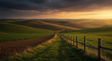 Serene Sunset Over Rolling Hills with Fenced Pathway Through Fields