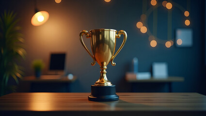High Resolution Photograph of Six Months Achievement Milestone Celebration in Corporate Workspace with Trophy, Team Recognition, and Realistic Style - Photo Stock Concept with Empty Space on Left