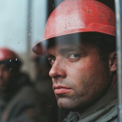 A close-up of a man in a red hard hat, staring intently. His expression is serious, with a rugged face and dark clothing, set against a blurred background of fellow workers.