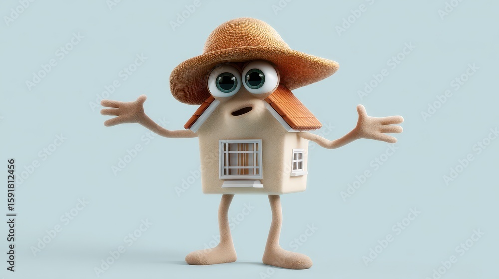 Poster playful 3d house character with straw hat and animated expression