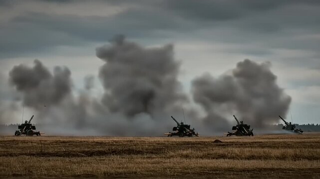 Artillery units firing in a dramatic landscape, with smoke billowing against a cloudy sky