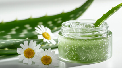 A clear jar of green aloe vera gel sits beside fresh daisies. An aloe leaf extends in the background, showcasing its jagged edges and vibrant green color.