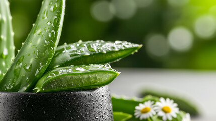 Close-up of vibrant green aloe vera leaves, glistening with water droplets. The plant is set in a textured black pot, with small white daisies nearby.