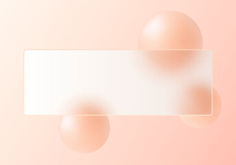 Vector abstract background in glasmorphism style with matte translucent banner with rounded corners and floating 3D spheres in soft peach color.