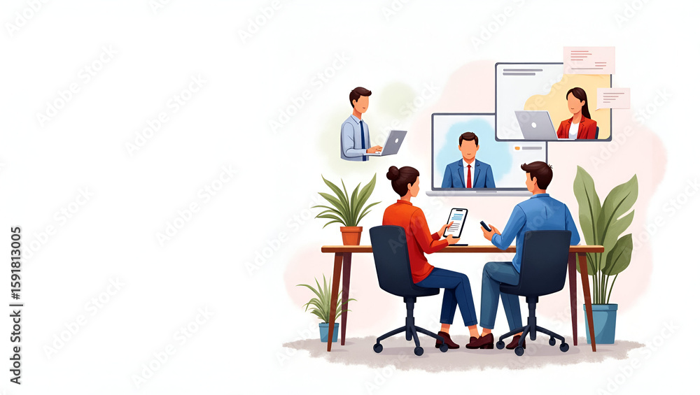 Poster high resolution watercolor of remote professionals collaborating via messenger apps in digital cowor