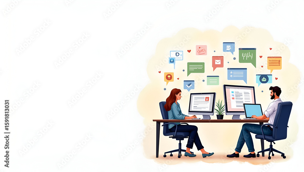 Poster high resolution watercolor of remote professionals collaborating via messenger apps in digital cowor