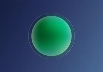 Vector illustration of glossy green gradient sphere in the center of dark blue background with concentric circles. Minimalistic and modern design