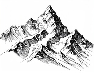 Detailed ink drawing of a snow-capped mountain range