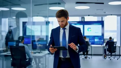 Confident Businessman Navigating Modern Office with Tablet Technology - Powered by Adobe