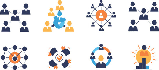 Vector art of a collection of network and team icons representing collaboration, community, and organizational structure isolated on transparent background