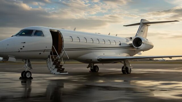 Private jet awaits boarding on wet tarmac during golden hour, highlighting luxury travel and executive transport.