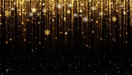 Glittering gold snowflakes falling on a black background