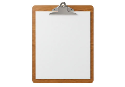 A wooden clipboard with a blank white paper is displayed on a transparent background