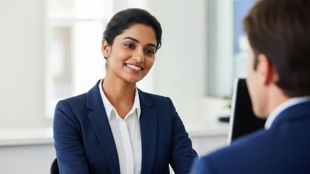 Confident Indian Businesswoman Smiles During Professional Meeting or Job Interview in Modern Office Setting
