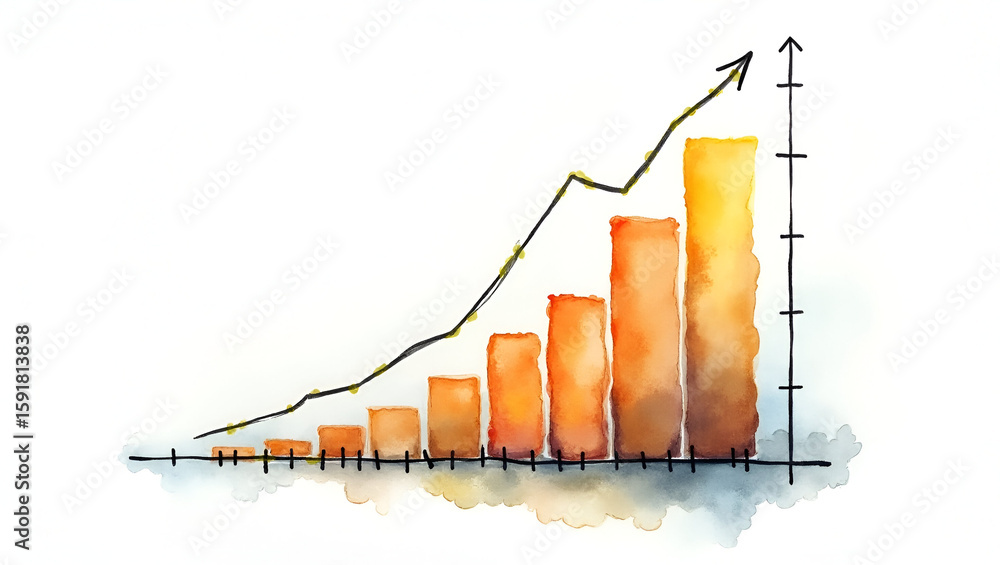 Poster realistic watercolor business graph illustration: multi-year performance bars on canvas with crisp b