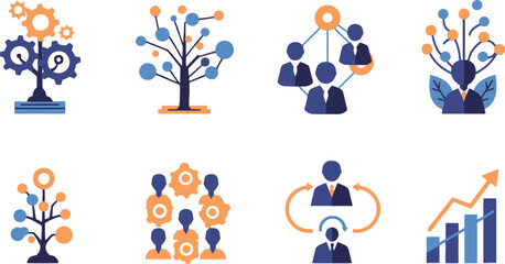 Vector art of a set of business icons illustrating networking, teamwork, strategic growth, and organizational development isolated on transparent background