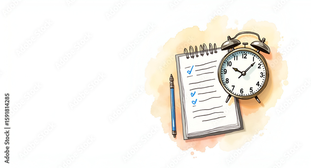 Poster watercolor sketch of time management: pastel planner pages, clock faces, and task lists in gentle br
