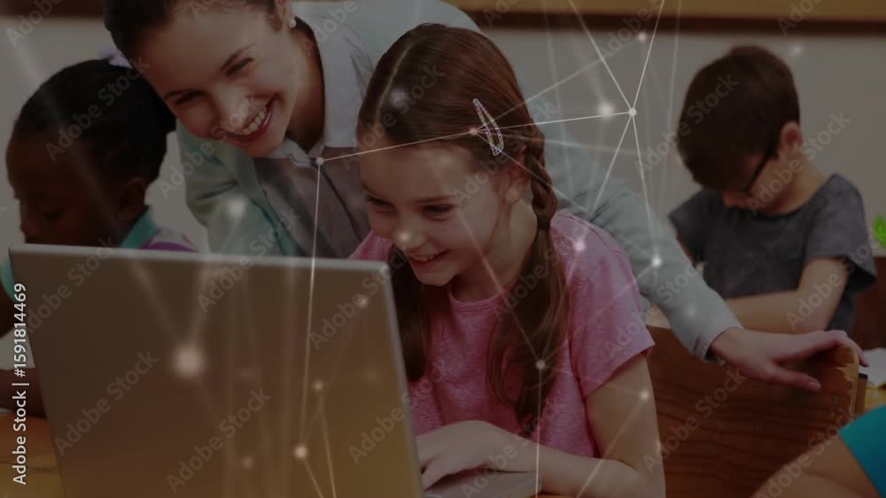 Poster teacher pointing at laptop guiding student typing boosting learning with animated network graphics