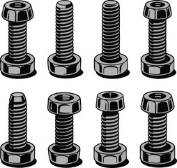 Heavy Steel Bolt Icons – Vector Set of Industrial Fasteners with Clean Sharp Threads on White Background"

