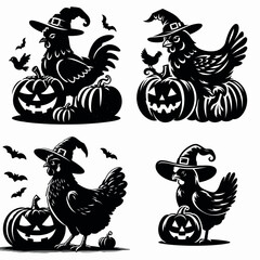 Naklejka premium Chicken wear witch hat and sitting on jack o pumpkin. Halloween Spooky Scary Trick or Treat Haunted Ghost Clipart Line Art Vector Illustration. Fowl in pointy cap atop gourd autumn holiday.