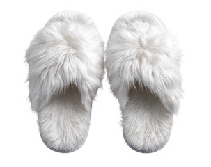Top-Down View of Open Heel White Fuzzy House Slippers with Fluffy Inner Lining, Isolated on Transparent Background