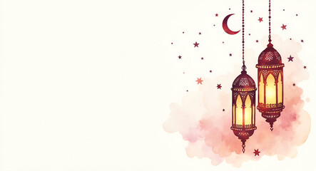 Watercolor painting illustrating Ramadan theme with delicate wash of lantern silhouettes crescent moon motifs and subtle geometric patterns on textured paper in  Photo Stock  Concept  and empty space 
