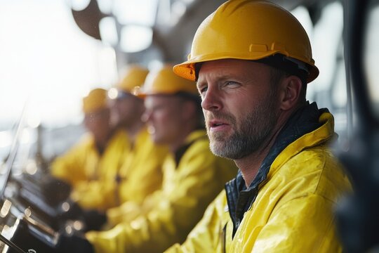 Diverse marine navigators collaborating on a boat while monitoring navigation equipment during a clear day