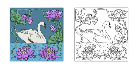 Black and white vintage art nouveau style hand drawn swan swimming in lake and lotus flowers symmetrical composition for coloring page vector illustration © akini