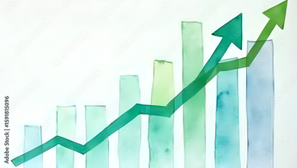 Poster watercolor revenue growth visualization: mint green arrows on translucent sheets in executive worksp