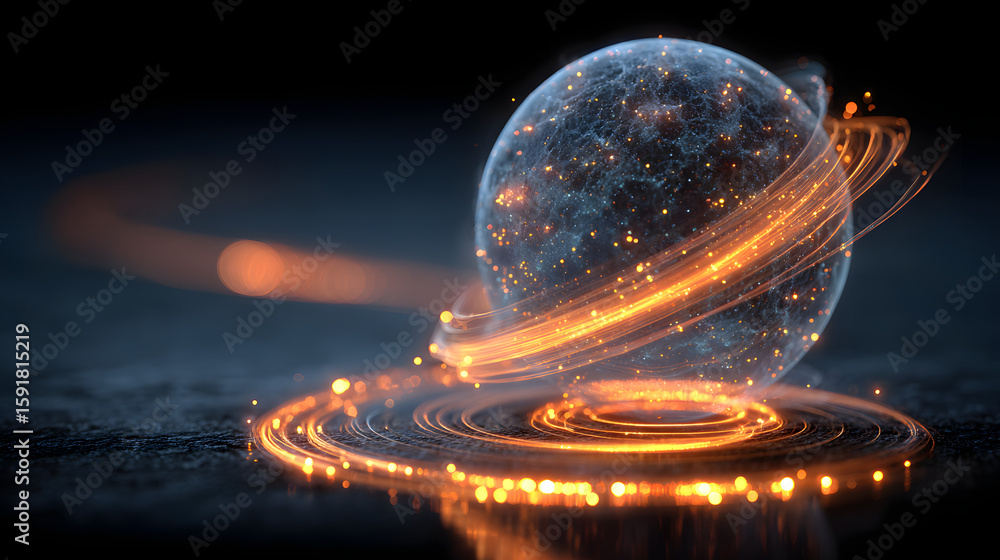 Poster glowing orange sphere is surrounded by a blue background. the sphere is surrounded by a series of gl