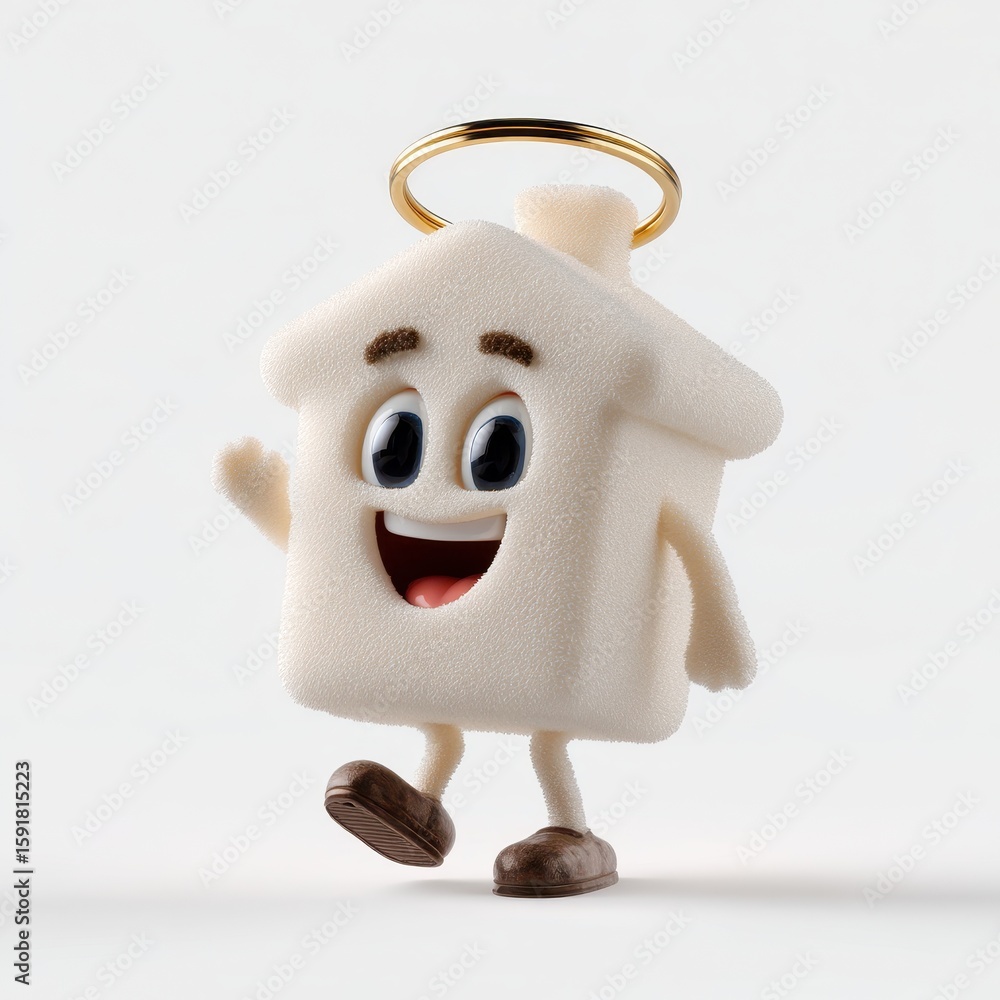 Poster smiling house-shaped character keychain with cheerful expression and walking pose