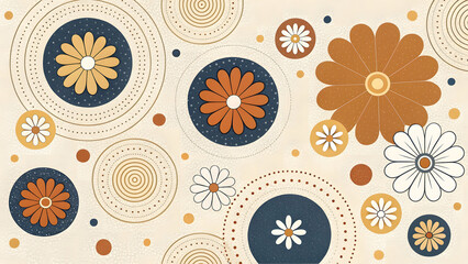 Retro floral pattern with circles and dots in muted orange blue and yellow vintage flower