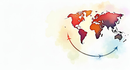 Realistic Watercolor World Economic Cycle: Trade Routes & Currency Flows Across Continents, Nuanced Colors & Detailed Strokes, Conceptual Art with Empty Space