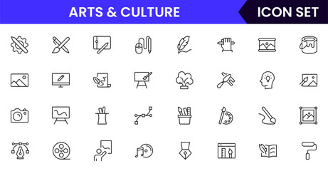Arts and Culture vector web line icon collection, sleek illustrations of palettes, music, masks, heritage for vibrant, creative designs.