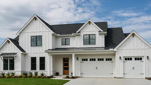 Charming white farmhouse exterior with black window frames set against a sunny blue sky, showcasing modern design elements and curb appeal.