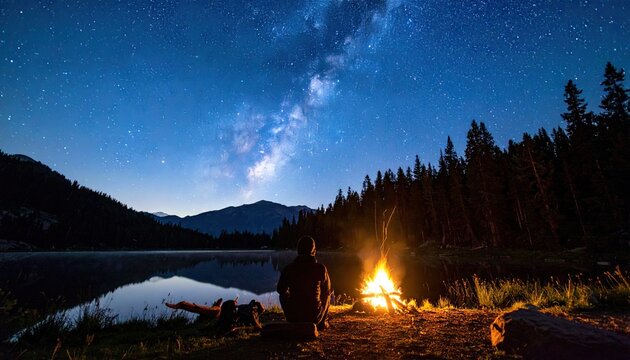Man sits by campfire under a starry night sky over a lake - Powered by Adobe