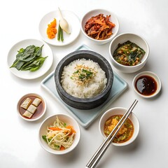 Top-down studio image of a Hanjeongsik Korean meal set with rice in a stone bowl, surrounded by colorful banchan on a white background. Includes kimchi, japchae, grilled fish, tofu