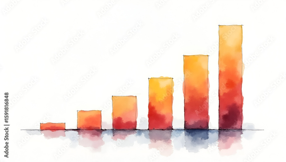 Poster realistic watercolor business graph illustration: multi-year performance bars on canvas with crisp b