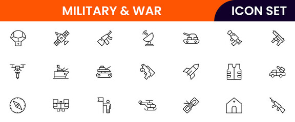 Military and War vector web line icon collection, sleek illustrations of tanks, medals, shields, strategy for bold, tactical designs.