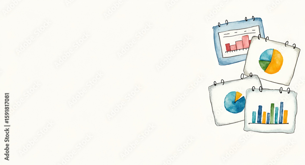 Poster watercolor six month update: bar graphs, pie charts & calendar pages on textured paper with empty sp