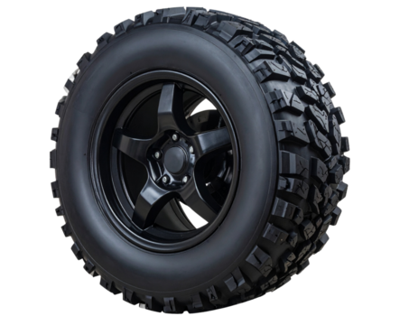 Rugged ATV Tire, Robust Tread Pattern, Five-Spoke Wheel, Front View, Isolated 
