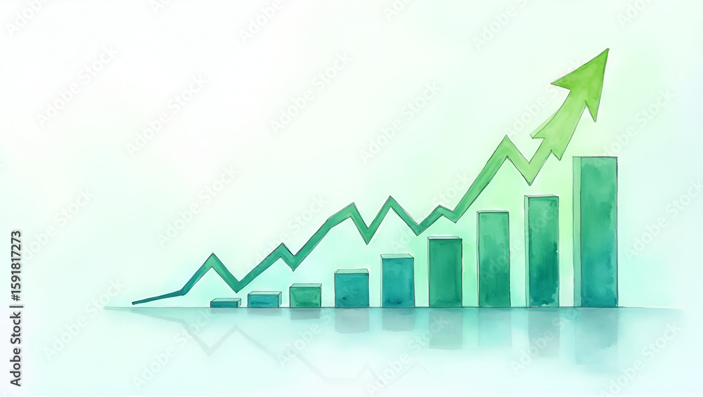Poster watercolor revenue growth visualization: mint green arrows on translucent sheets in executive worksp