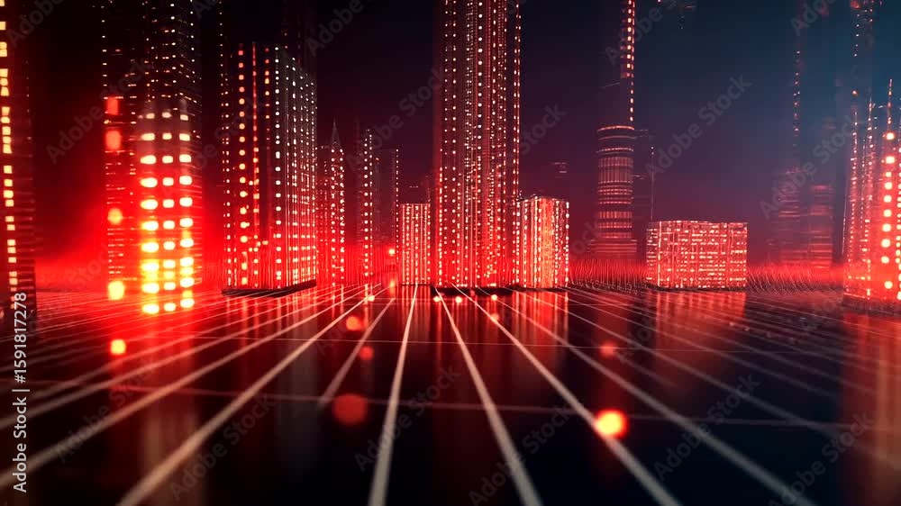 Poster neon cityscape: red illuminated grid and futuristic buildings animation loop background