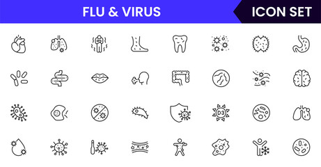 Flu and Virus vector web line icon collection, sleek illustrations of germs, masks, vaccines, health for medical, safety designs.