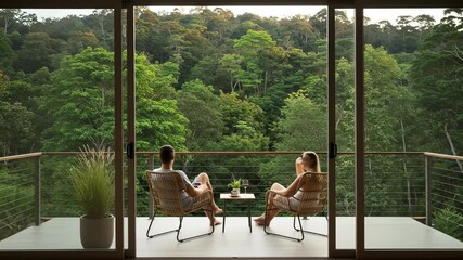 Relaxation on a Balcony: A couple in their thirties enjoys wine while sitting on their veranda surrounded by a lush green forest view.