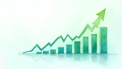 Watercolor Revenue Growth Visualization: Mint Green Arrows on Translucent Sheets in Executive Workspace - Stock Photo Concept with Empty Left Space