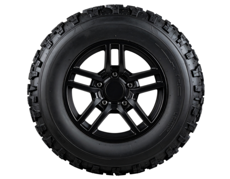 Rugged ATV Tire, Robust Tread Pattern, Five-Spoke Wheel, Front View, Isolated